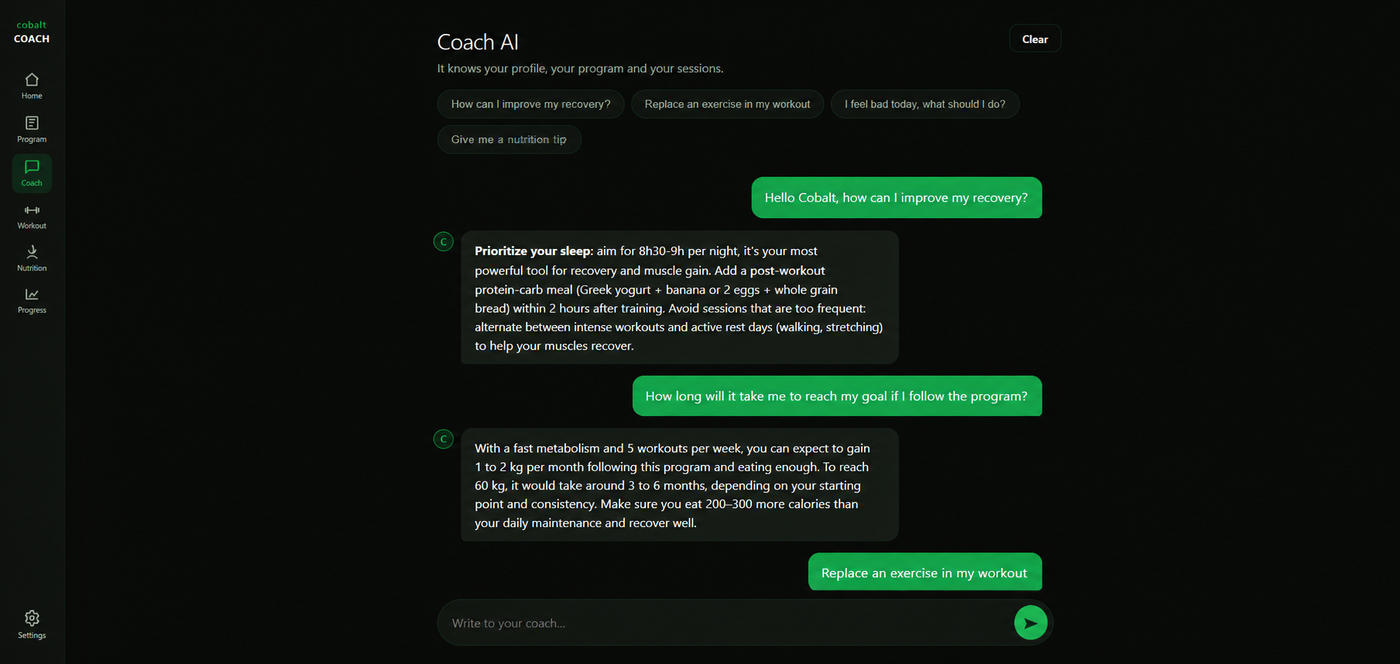 Chat de la IA de Cobalt Coach en plena conversación