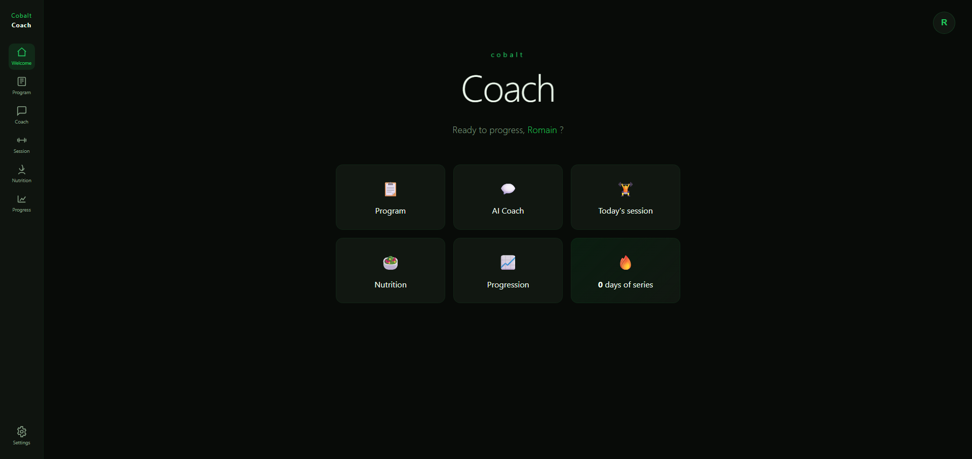 Pantalla del programa de entrenamiento personalizado de Cobalt Coach